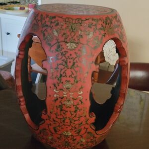 #2 Chinese Red Lacquered Barrel-Form Garden Stool or Accent Table